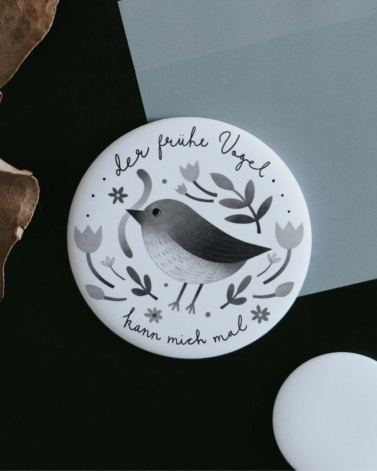 Magnete mit Spruch oder Motiv Der frühe Vogel · groß in schwarz weiss
