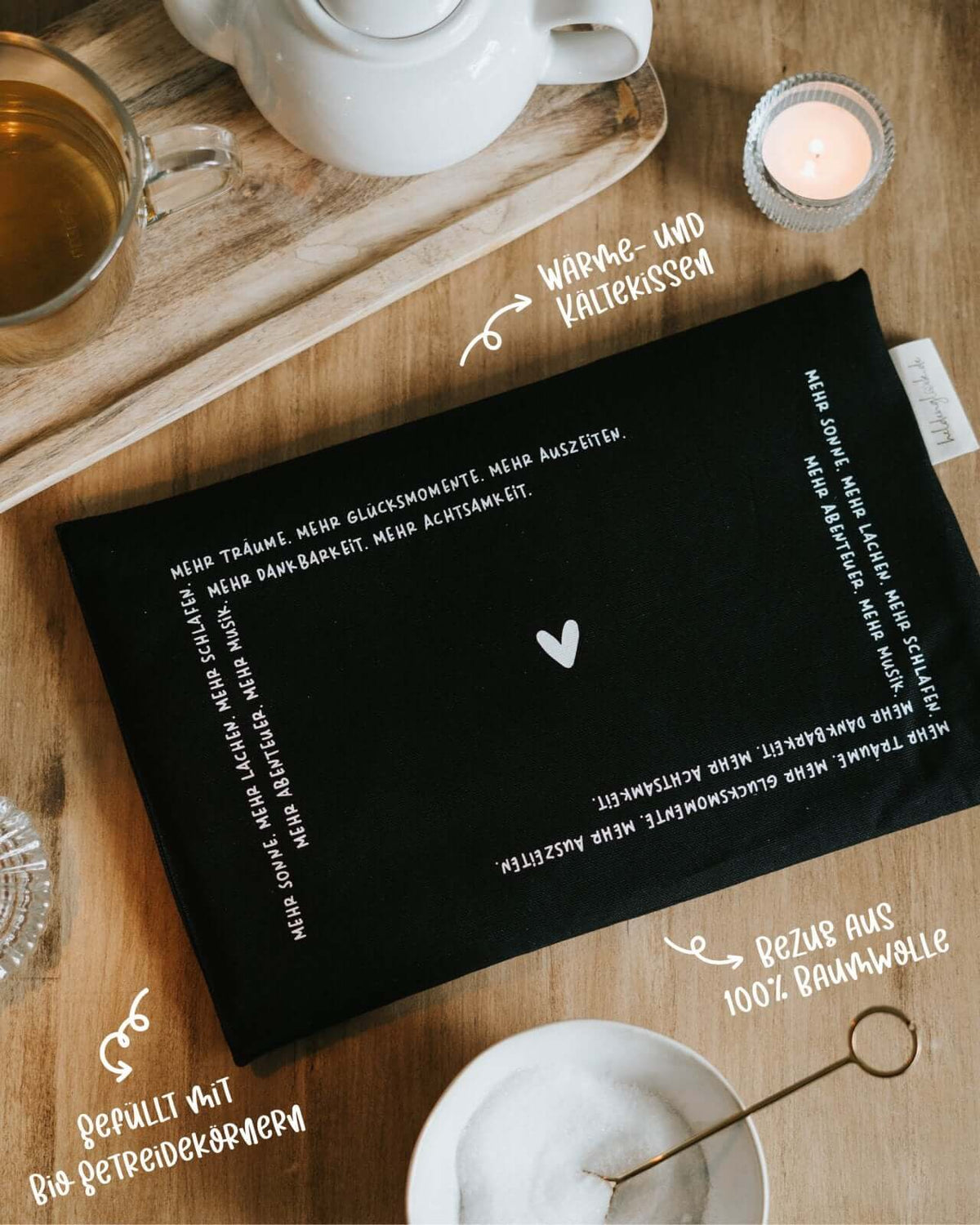 Wärmekissen, Körnerkissen mit Spruch oder Motiv Mehr Träume in schwarz weiss
