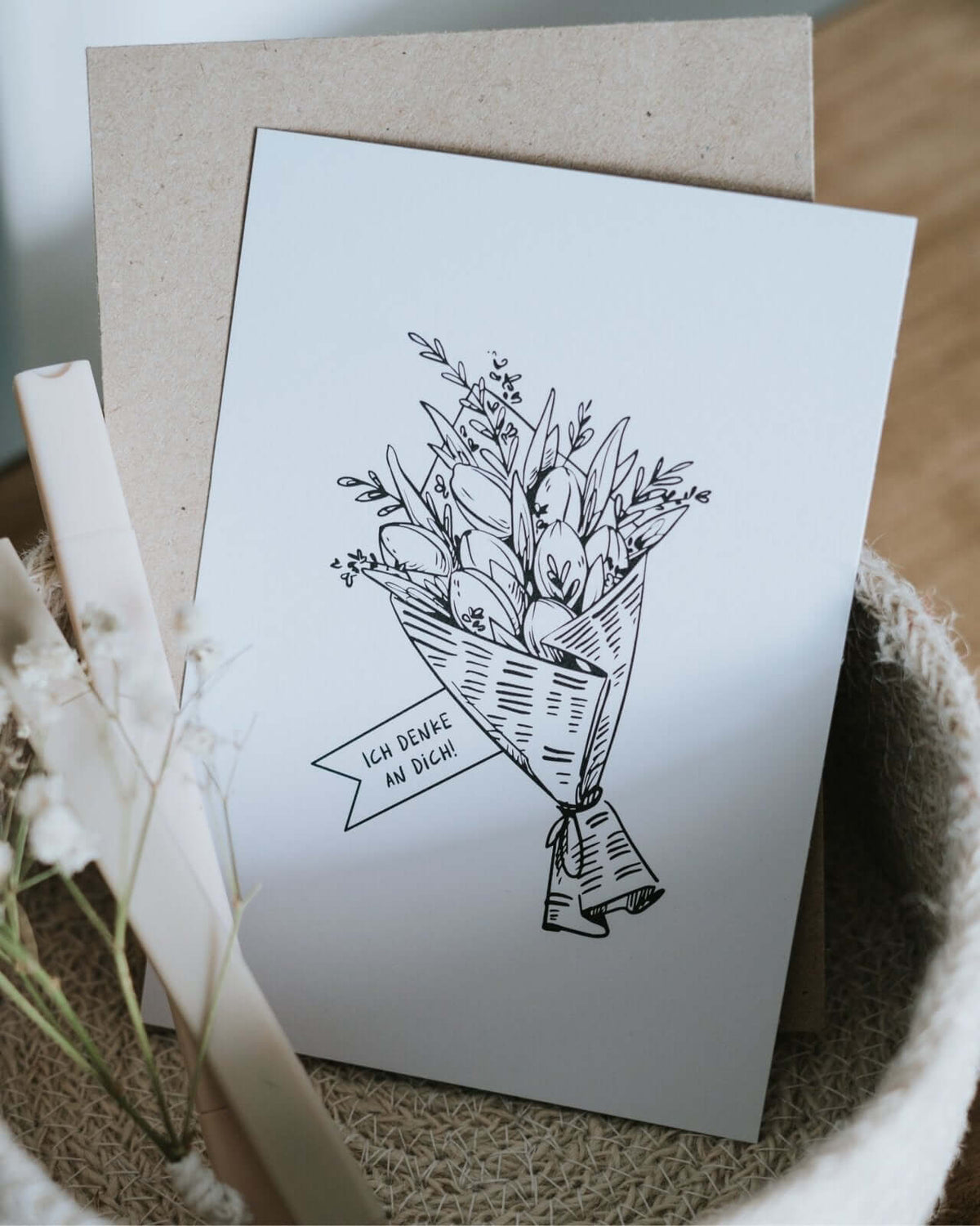Postkarte mit Spruch und motiv Ich denke an dich in schwarz weiss