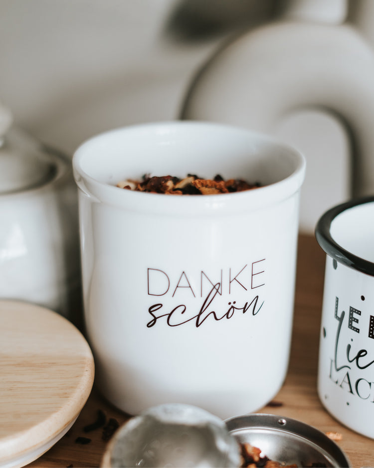 Keramikdose als Vorratsdose mit Spruch oder Motiv Dankeschön in schwarz weiss