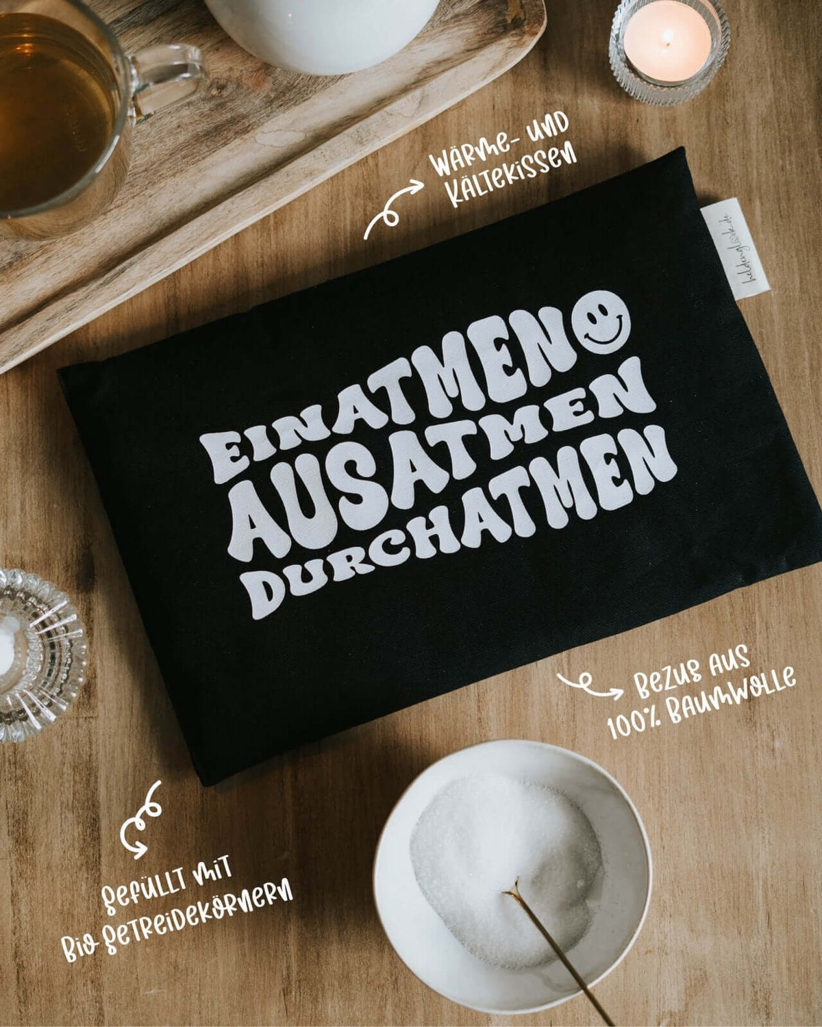 Wärmekissen, Körnerkissen mit Spruch oder Motiv Einatmen Ausatmen in schwarz weiss