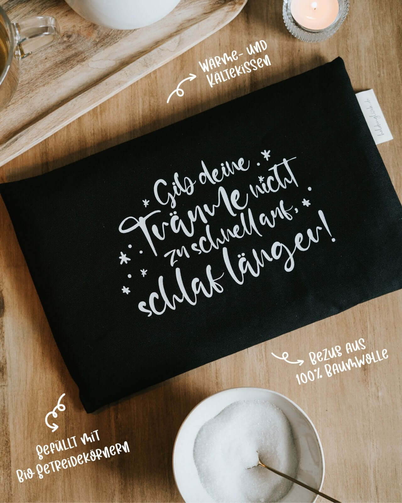 Wärmekissen, Körnerkissen mit Spruch oder Motiv Schlaf länger in schwarz weiss