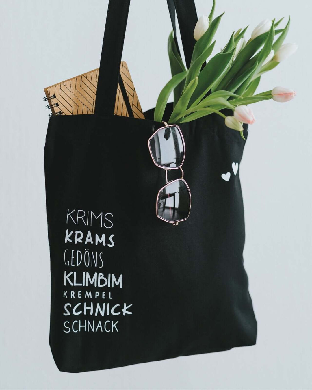 Baumwollbeutel mit Spruch oder Motiv Krims Krams in schwarz weiss