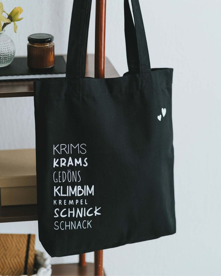 Baumwollbeutel mit Spruch oder Motiv Krims Krams in schwarz weiss