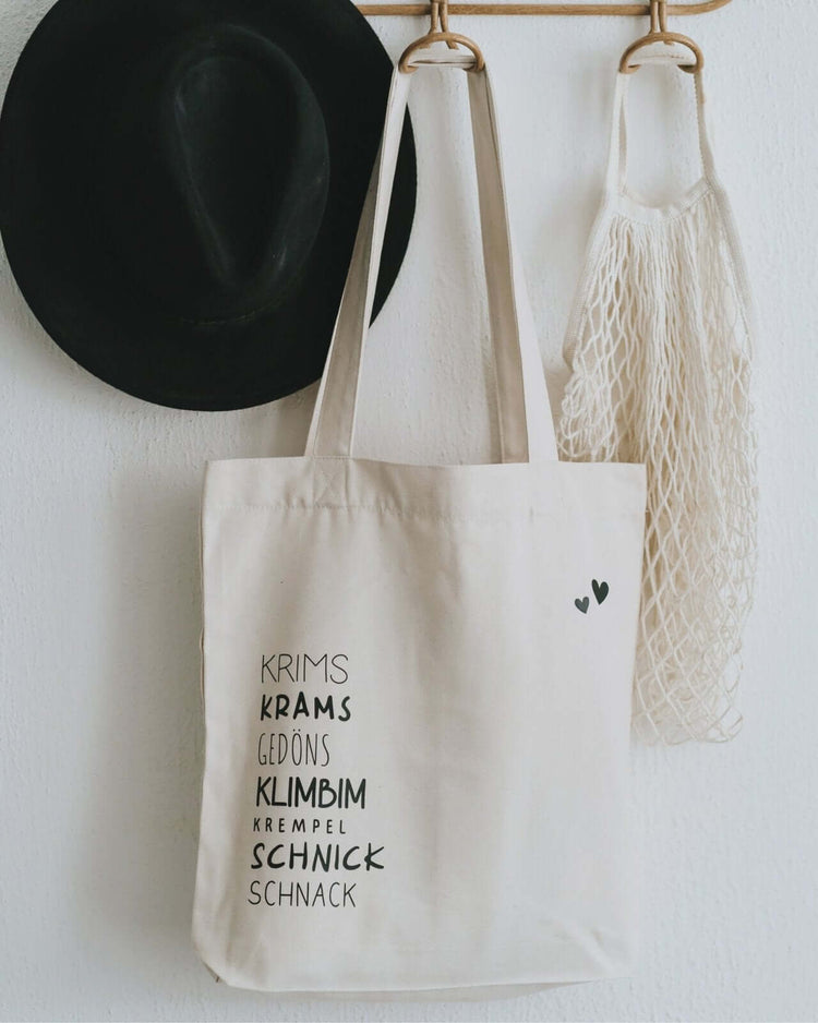 Baumwollbeutel mit Spruch oder Motiv Krims Krams in schwarz weiss