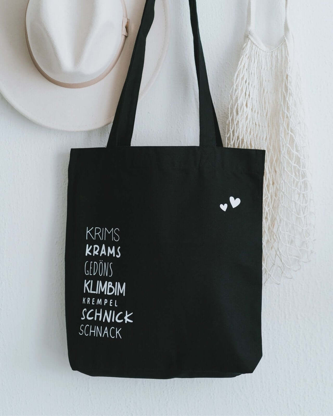 Baumwollbeutel mit Spruch oder Motiv Krims Krams in schwarz weiss