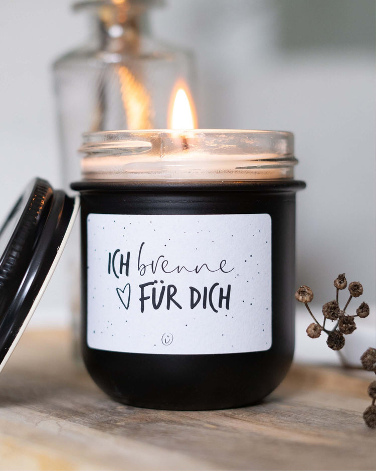 Kerze im Glas mit Spruch oder Motiv Ich brenne für Dich in schwarz weiss