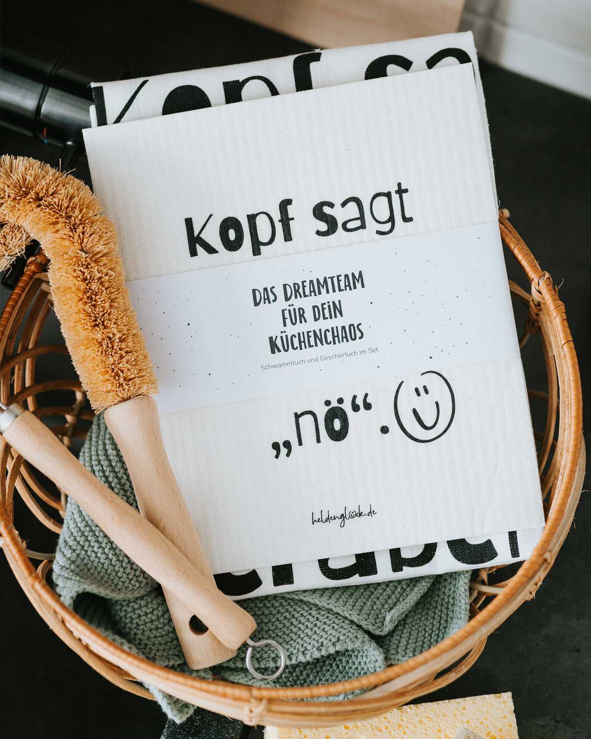 Set mit Banderole „Das Dreamteam für dein Küchenchaos“ – geschenkfertig verpackt.