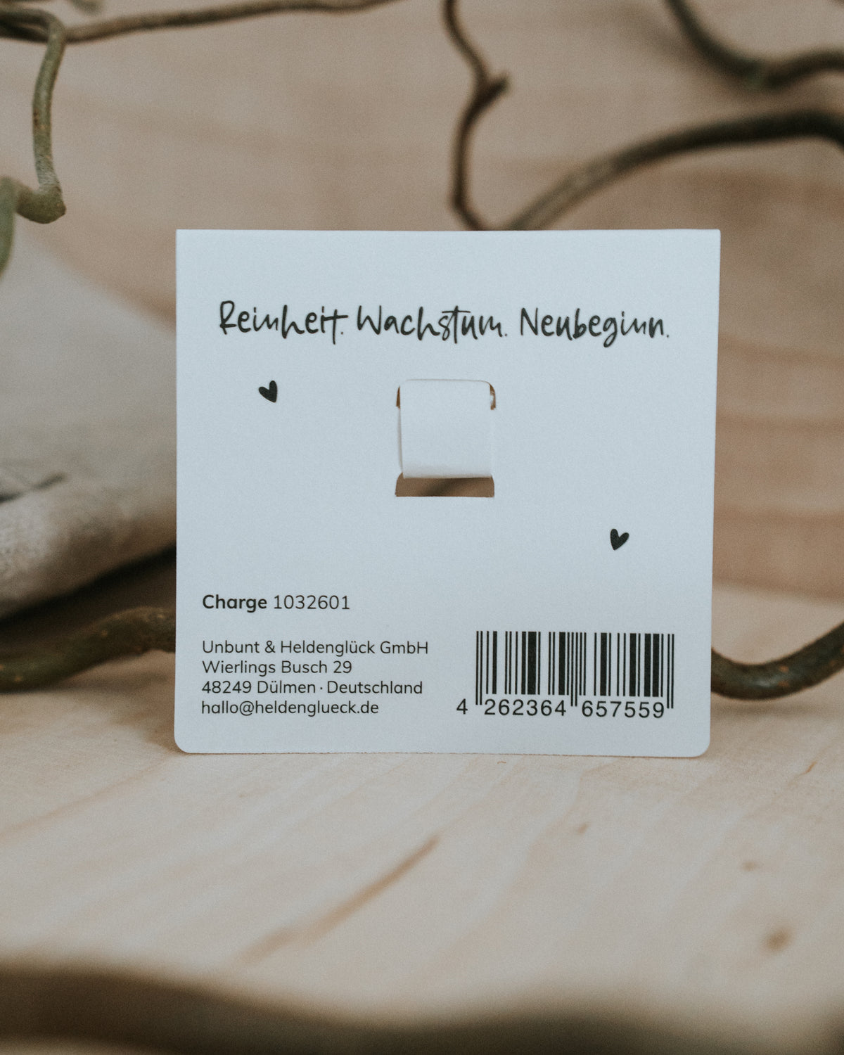 Rückseite der Geschenkkarte – „Reinheit. Wachstum. Neubeginn.“