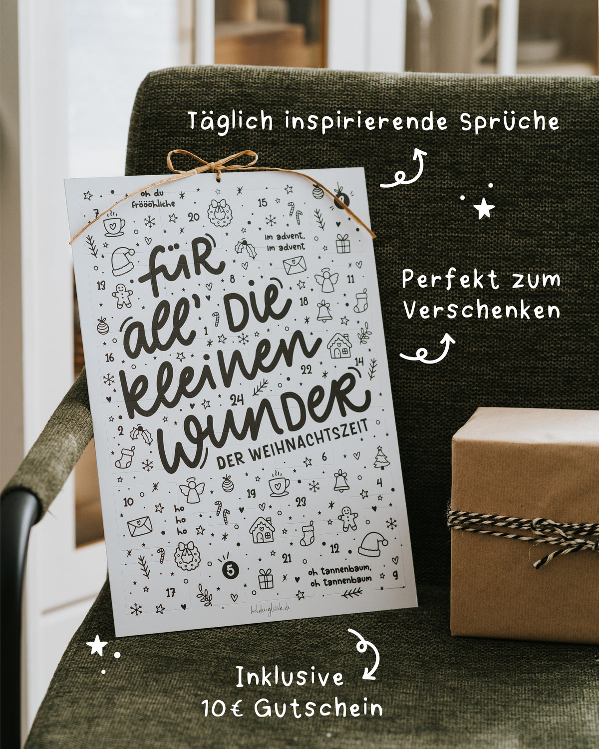 Heldenglück Adventskalender mit Benefits wie Gutschein und inspirierenden Sprüchen