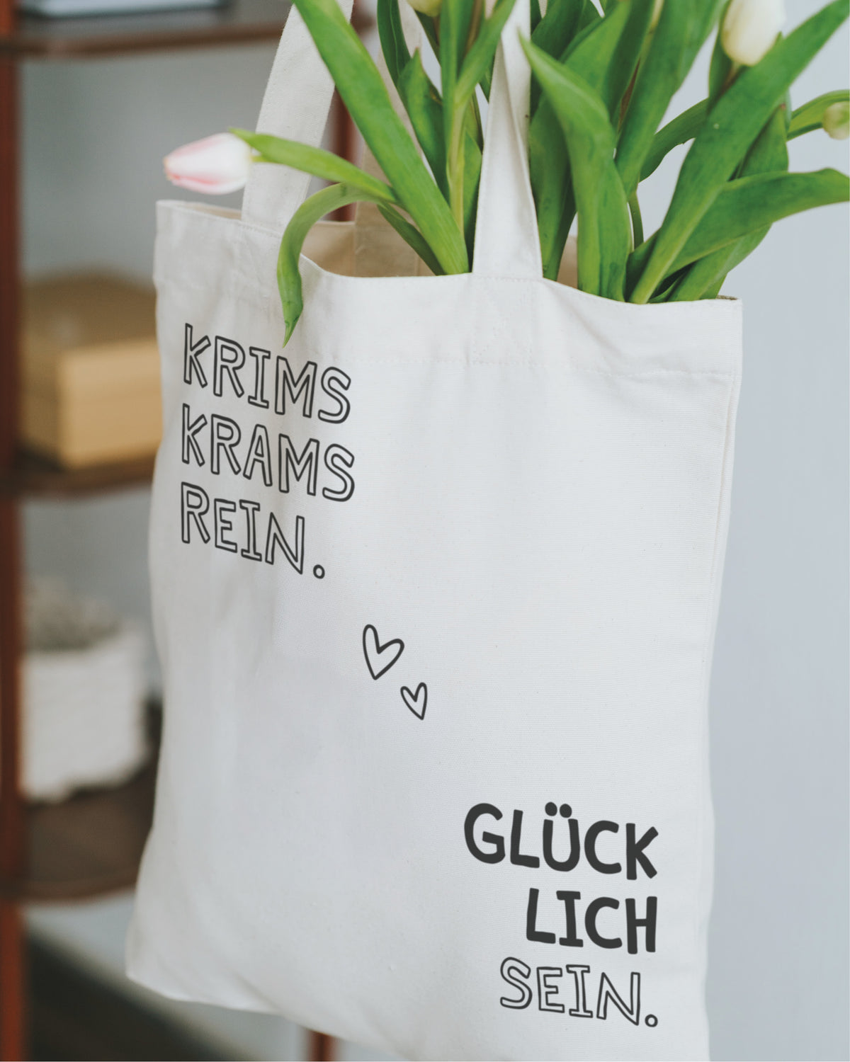 Stoffbeutel natur aus Canvas mit Tulpen – lange Tragehenkel.