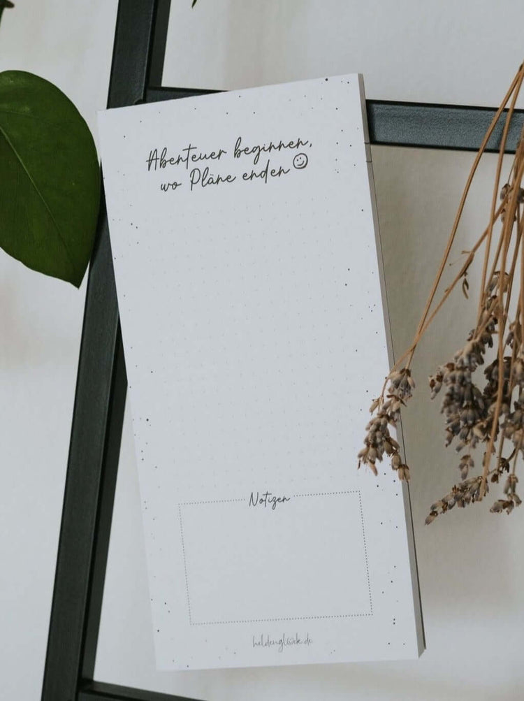 Notizblock mit Spruch oder Motiv Abenteuer · magnetisch in schwarz weiss