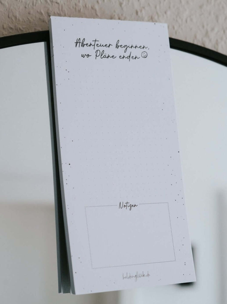 Notizblock mit Spruch oder Motiv Abenteuer · magnetisch in schwarz weiss