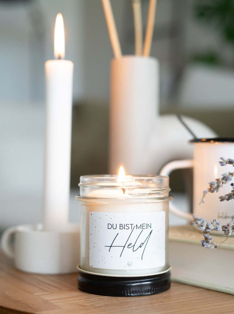 Kerze im Glas mit Spruch oder Motiv Mein Held in schwarz weiss