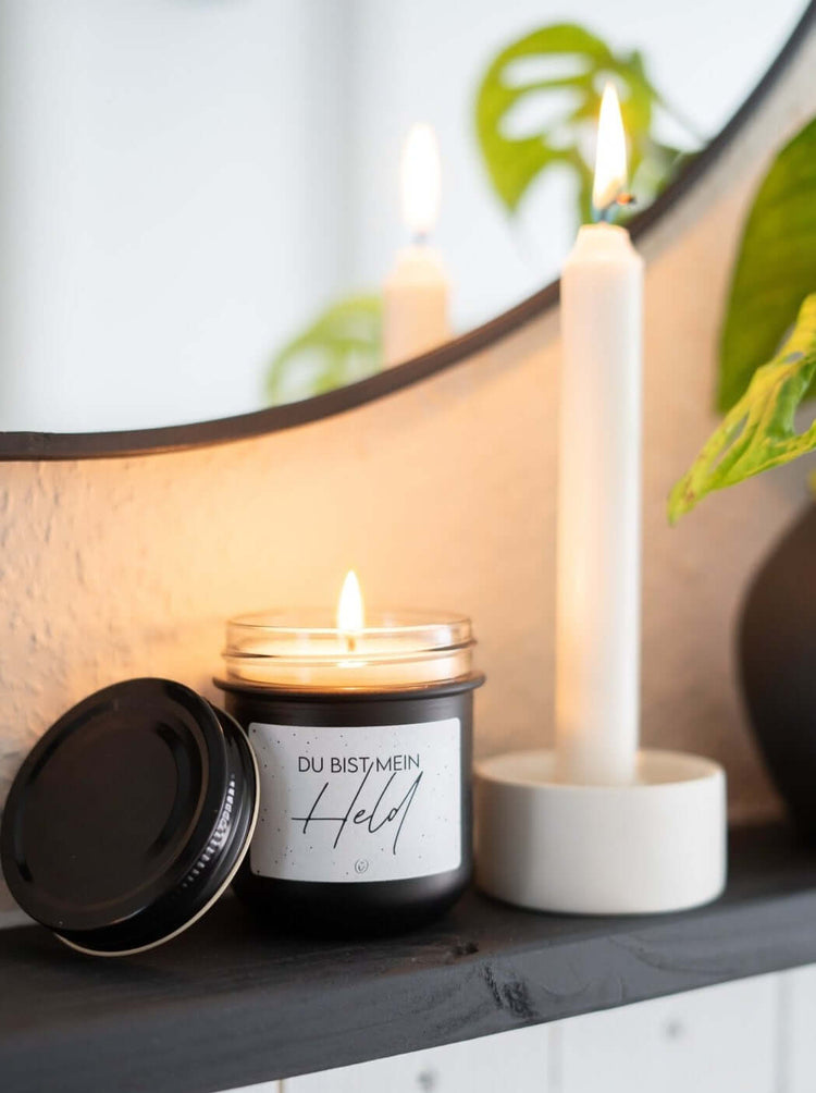 Kerze im Glas mit Spruch oder Motiv Mein Held in schwarz weiss