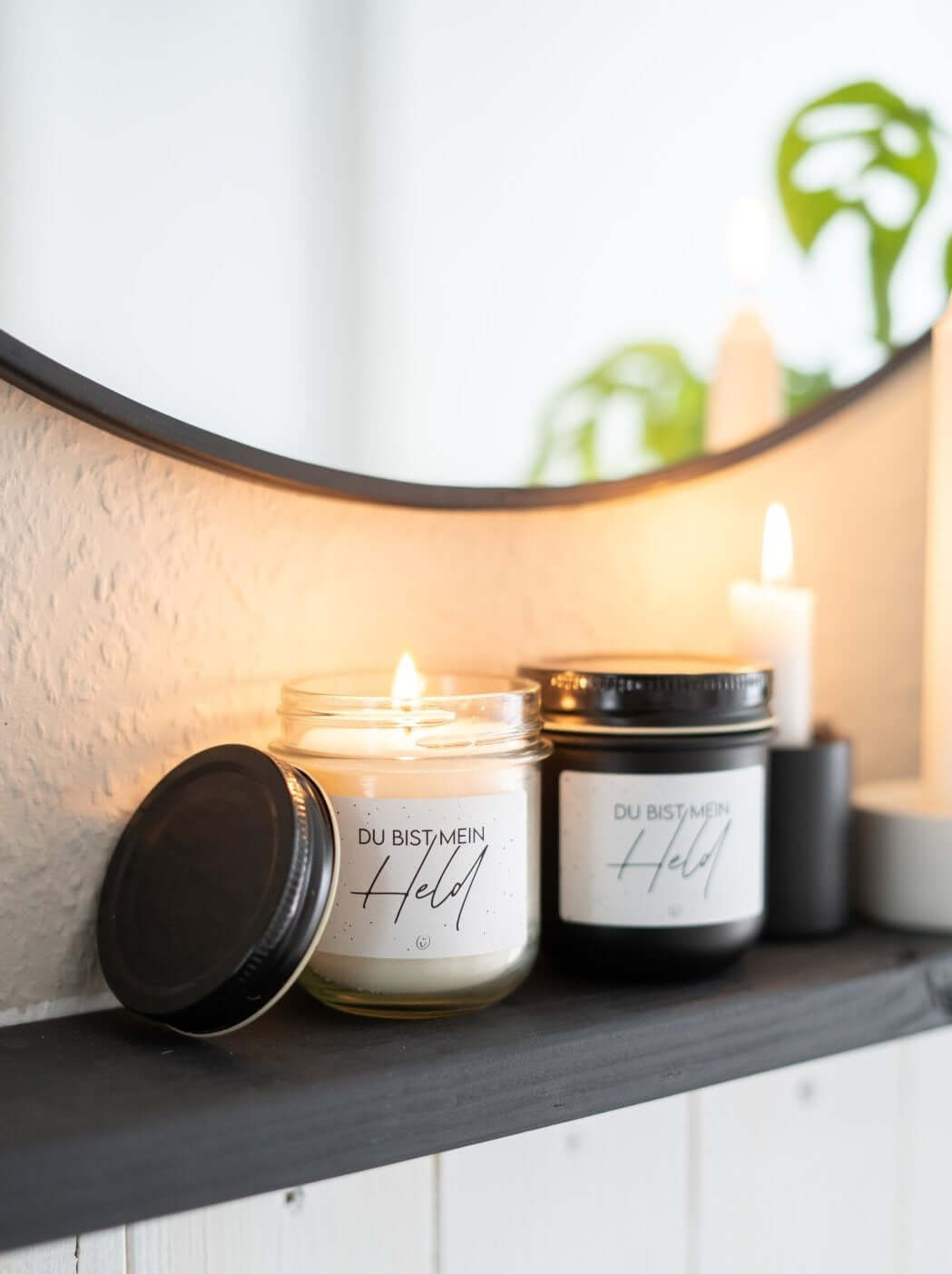 Kerze im Glas mit Spruch oder Motiv Mein Held in schwarz weiss