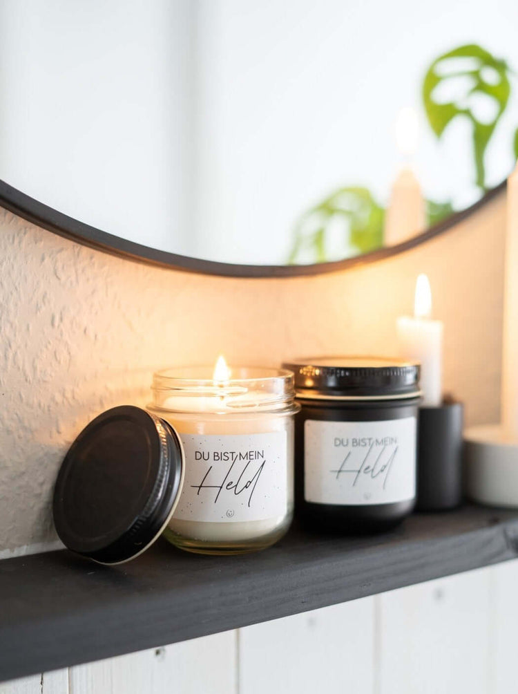 Kerze im Glas mit Spruch oder Motiv Mein Held in schwarz weiss