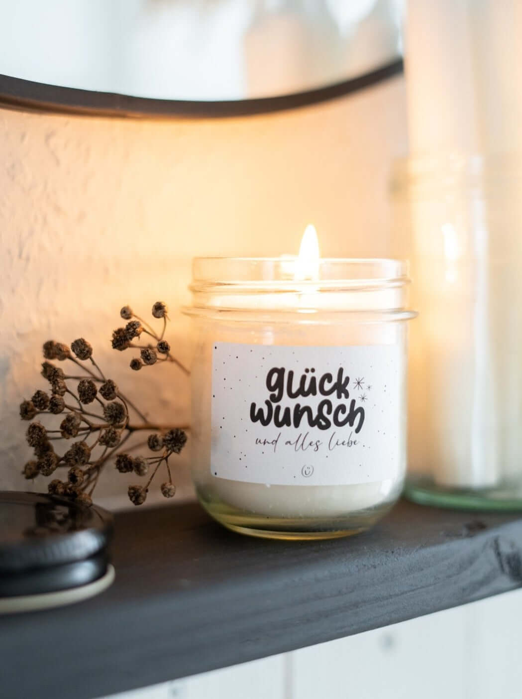 Kerze im Glas mit Spruch oder Motiv Glückwunsch in schwarz weiss