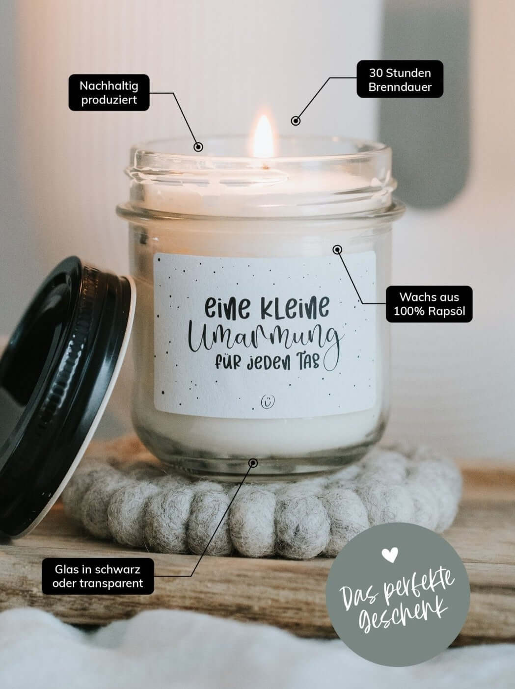 Kerze im Glas mit Spruch oder Motiv Kleine Umarmung in schwarz weiss