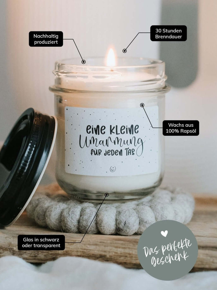 Kerze im Glas mit Spruch oder Motiv Kleine Umarmung in schwarz weiss