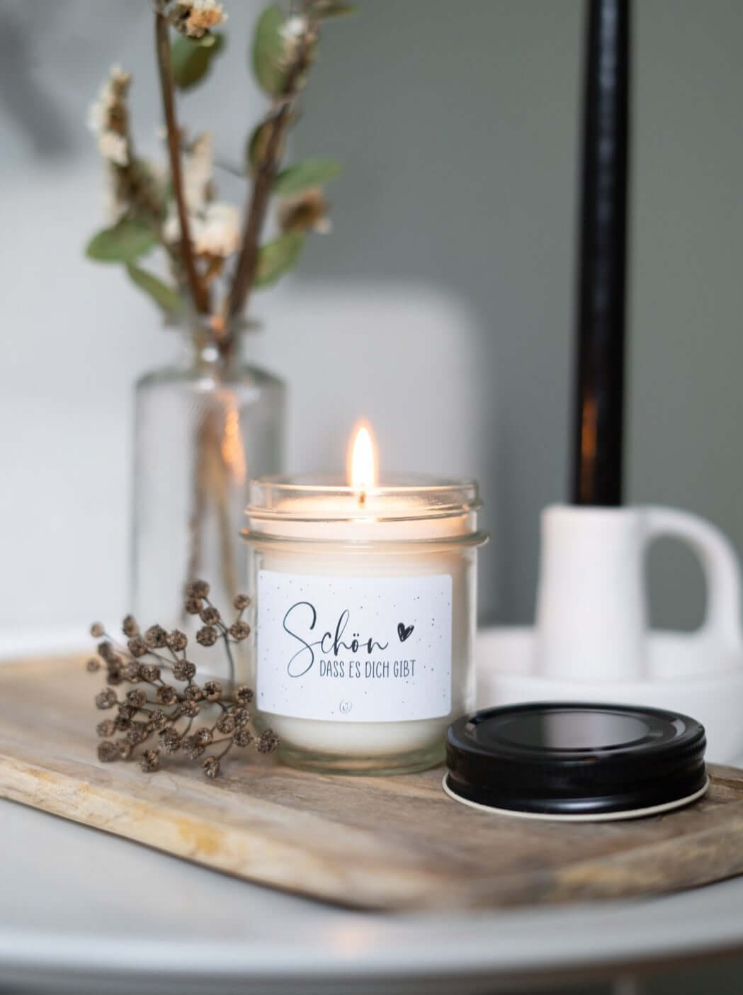 Kerze im Glas mit Spruch oder Motiv Schön, dass es Dich gibt in schwarz weiss