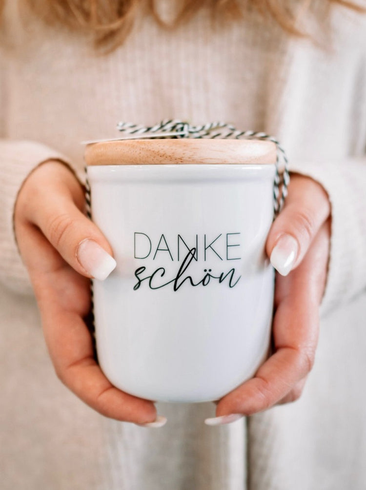 Keramikdose als Vorratsdose mit Spruch oder Motiv Dankeschön in schwarz weiss