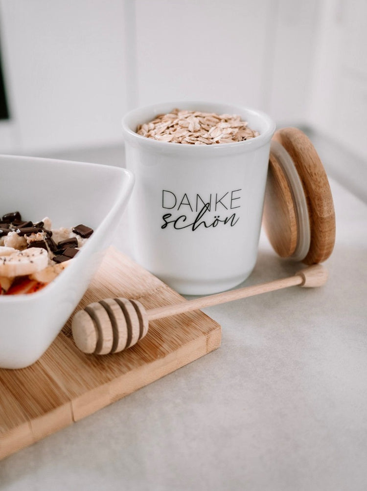 Keramikdose als Vorratsdose mit Spruch oder Motiv Dankeschön in schwarz weiss