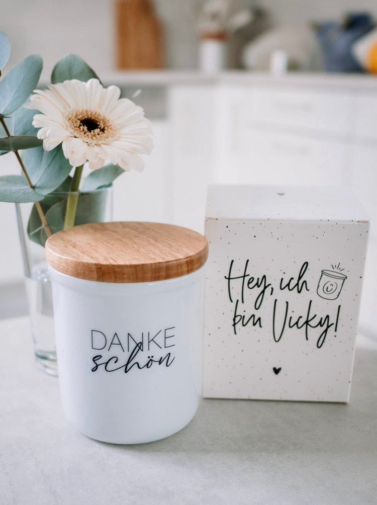 Keramikdose als Vorratsdose mit Spruch oder Motiv Dankeschön in schwarz weiss