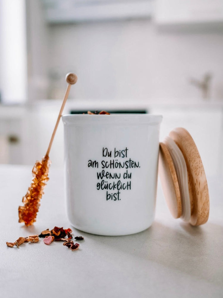 Keramikdose als Vorratsdose mit Spruch oder Motiv Du bist schön in schwarz weiss