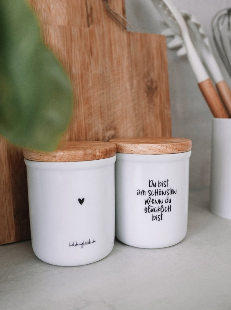 Keramikdose als Vorratsdose mit Spruch oder Motiv Du bist schön in schwarz weiss