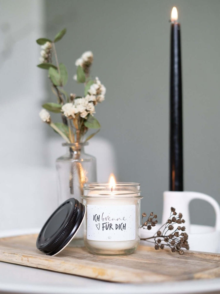 Kerze im Glas mit Spruch oder Motiv Ich brenne für Dich in schwarz weiss