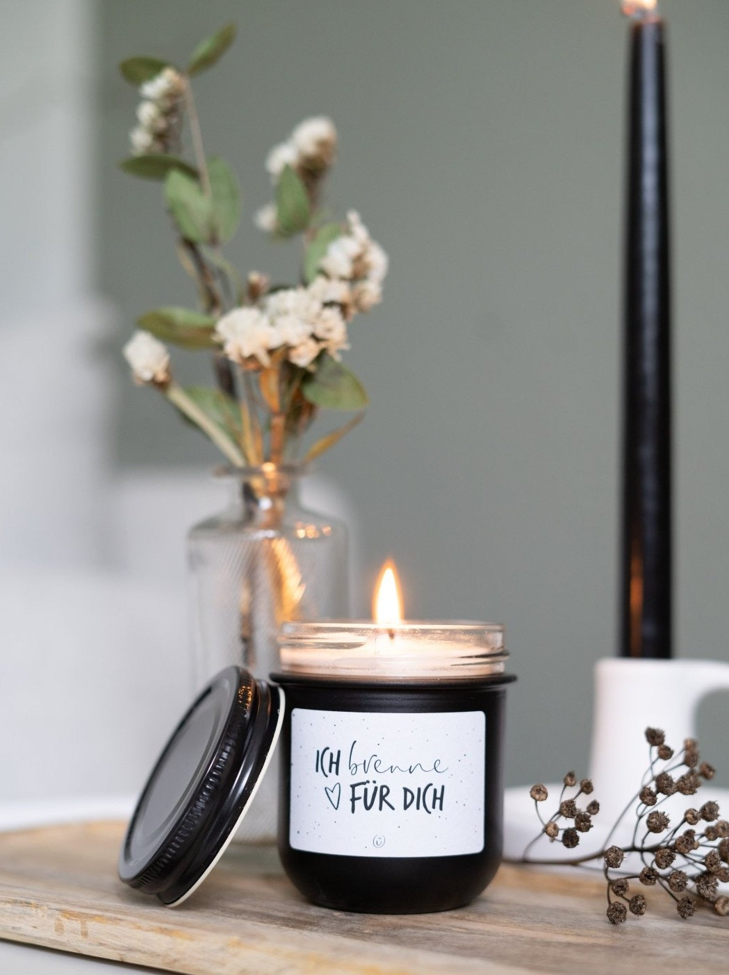 Kerze mit Spruch „Ich brenne für Dich" im Glas, Schwarz-Weiß-Design