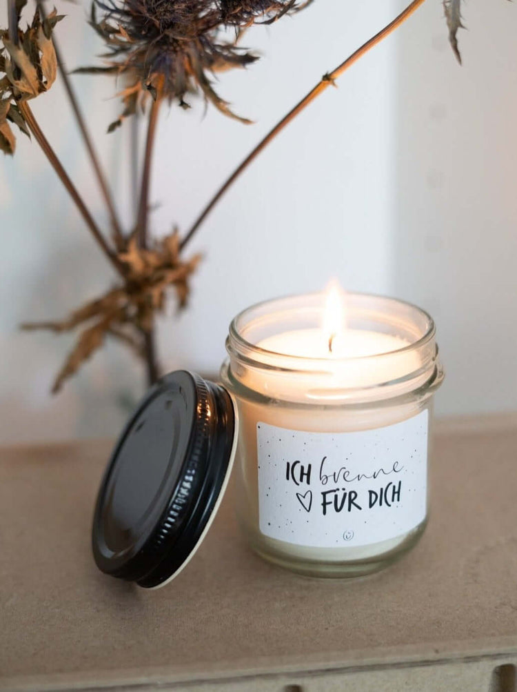 Kerze im Glas mit Spruch oder Motiv Ich brenne für Dich in schwarz weiss
