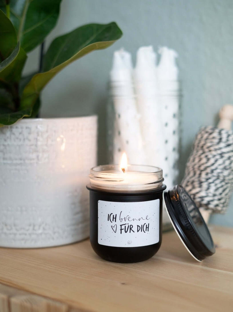 Kerze im Glas mit Spruch oder Motiv Ich brenne für Dich in schwarz weiss