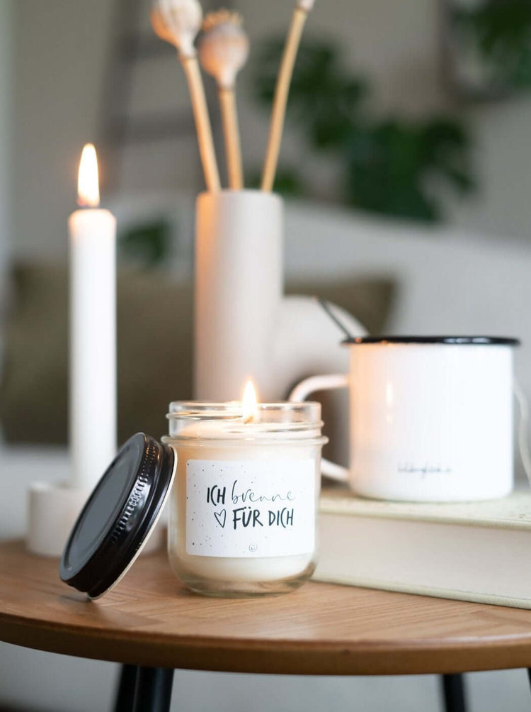 Kerze im Glas mit Spruch oder Motiv Ich brenne für Dich in schwarz weiss