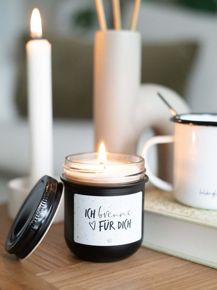 Kerze im Glas mit Spruch oder Motiv Ich brenne für Dich in schwarz weiss