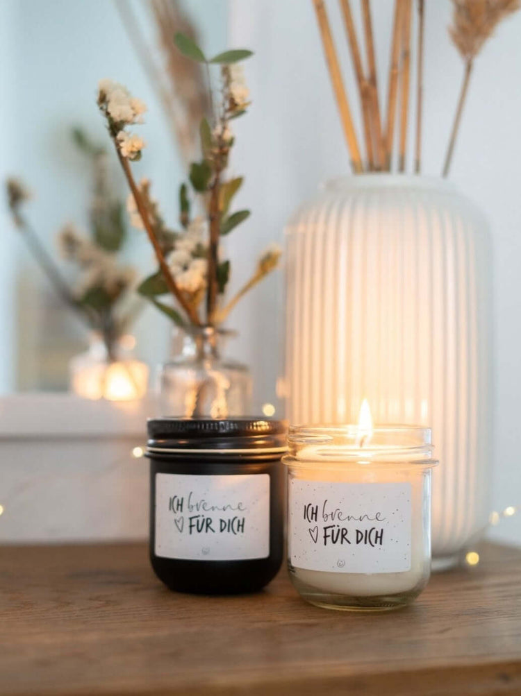 Kerze im Glas mit Spruch oder Motiv Ich brenne für Dich in schwarz weiss