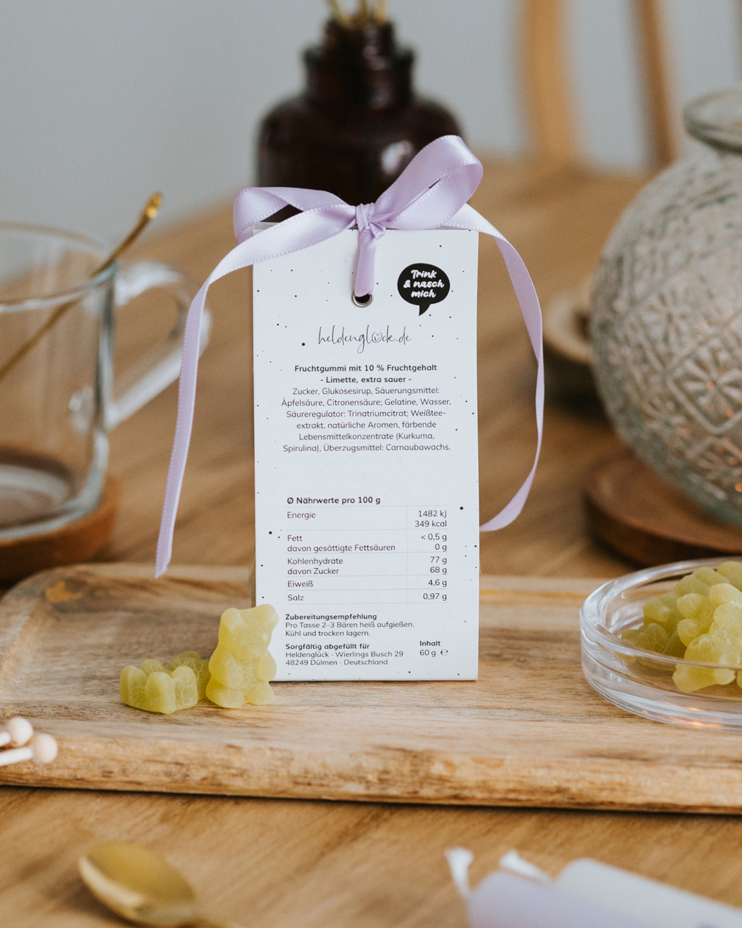 Rückseite Teebären Alles wird gut: Zutaten und Nährwerte, Limette extra sauer, 60 g in der Tüte.