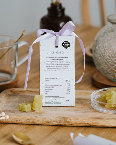 Rückseite Teebären Alles wird gut: Zutaten und Nährwerte, Limette extra sauer, 60 g in der Tüte.