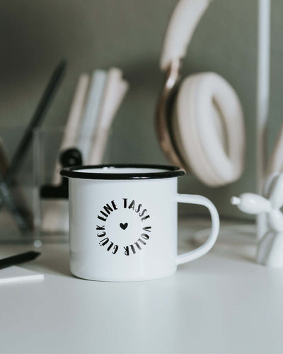Tasse mit Spruch oder Motiv Voller Glück in schwarz weiss