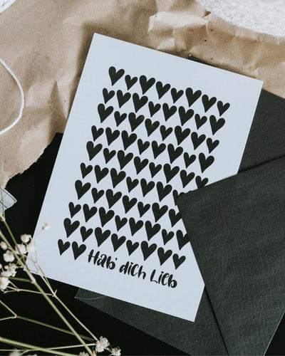 Postkarte mit Spruch und motiv Hab dich lieb in schwarz weiss