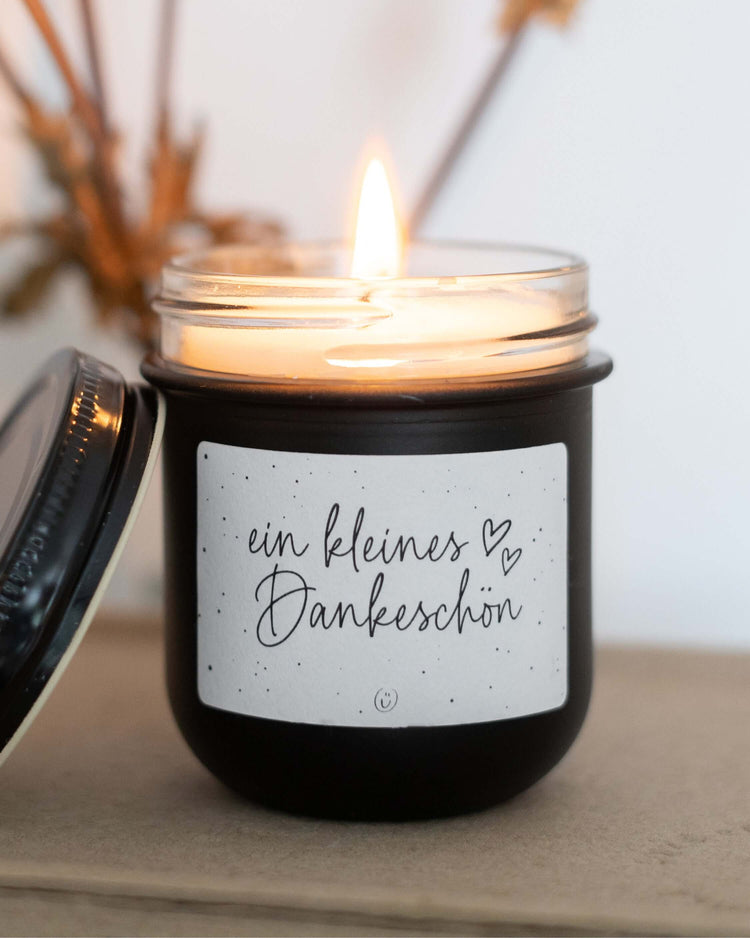 Kerze im Glas mit Spruch oder Motiv Ein kleines Dankeschön in schwarz weiss