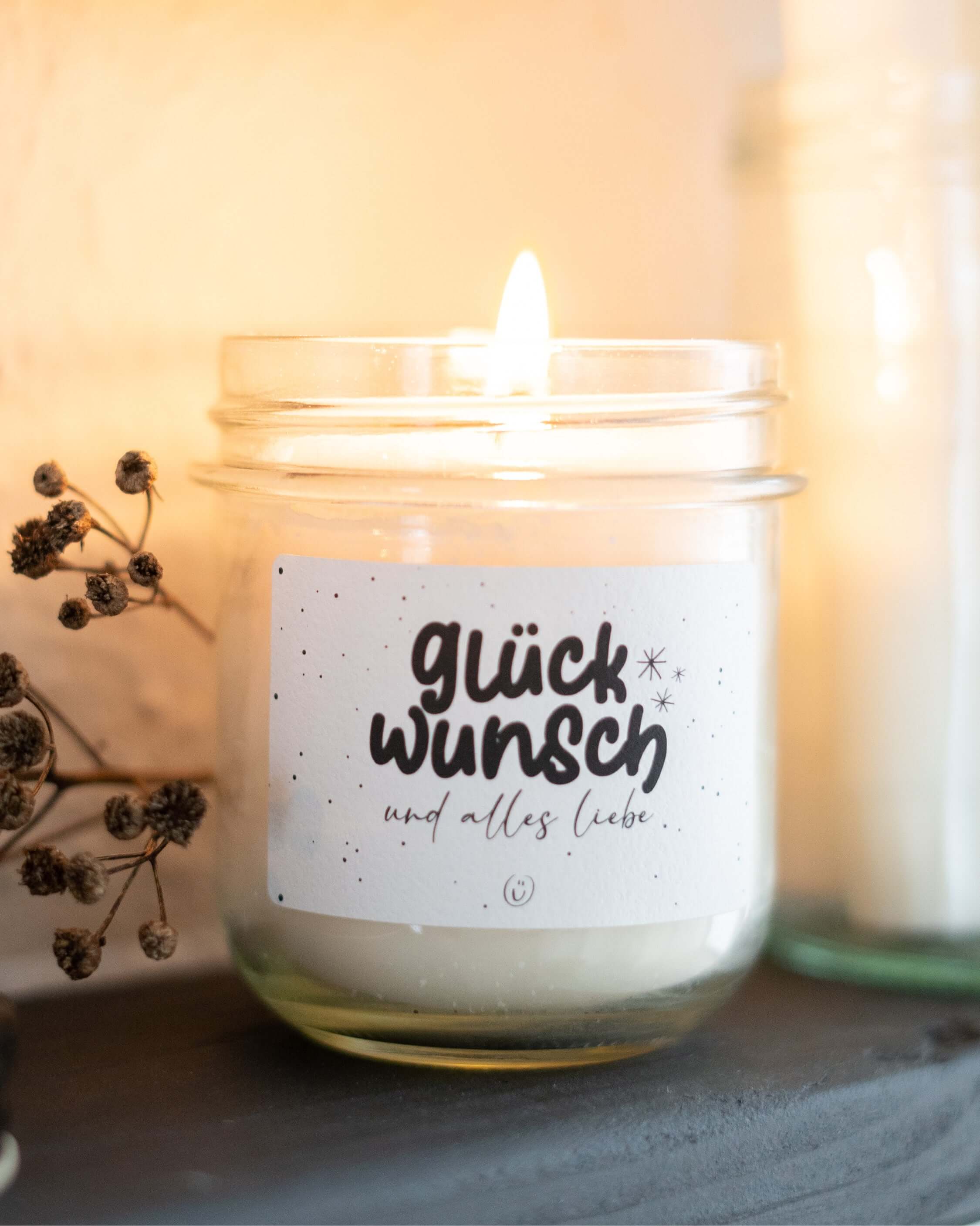 Kerze im Glas mit Spruch oder Motiv Glückwunsch in schwarz weiss