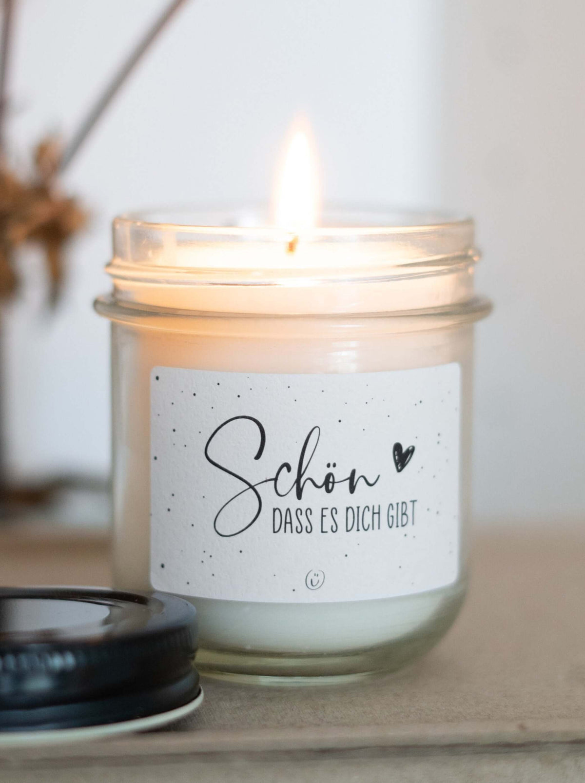 Kerze im Glas mit Spruch oder Motiv Schön, dass es Dich gibt in schwarz weiss