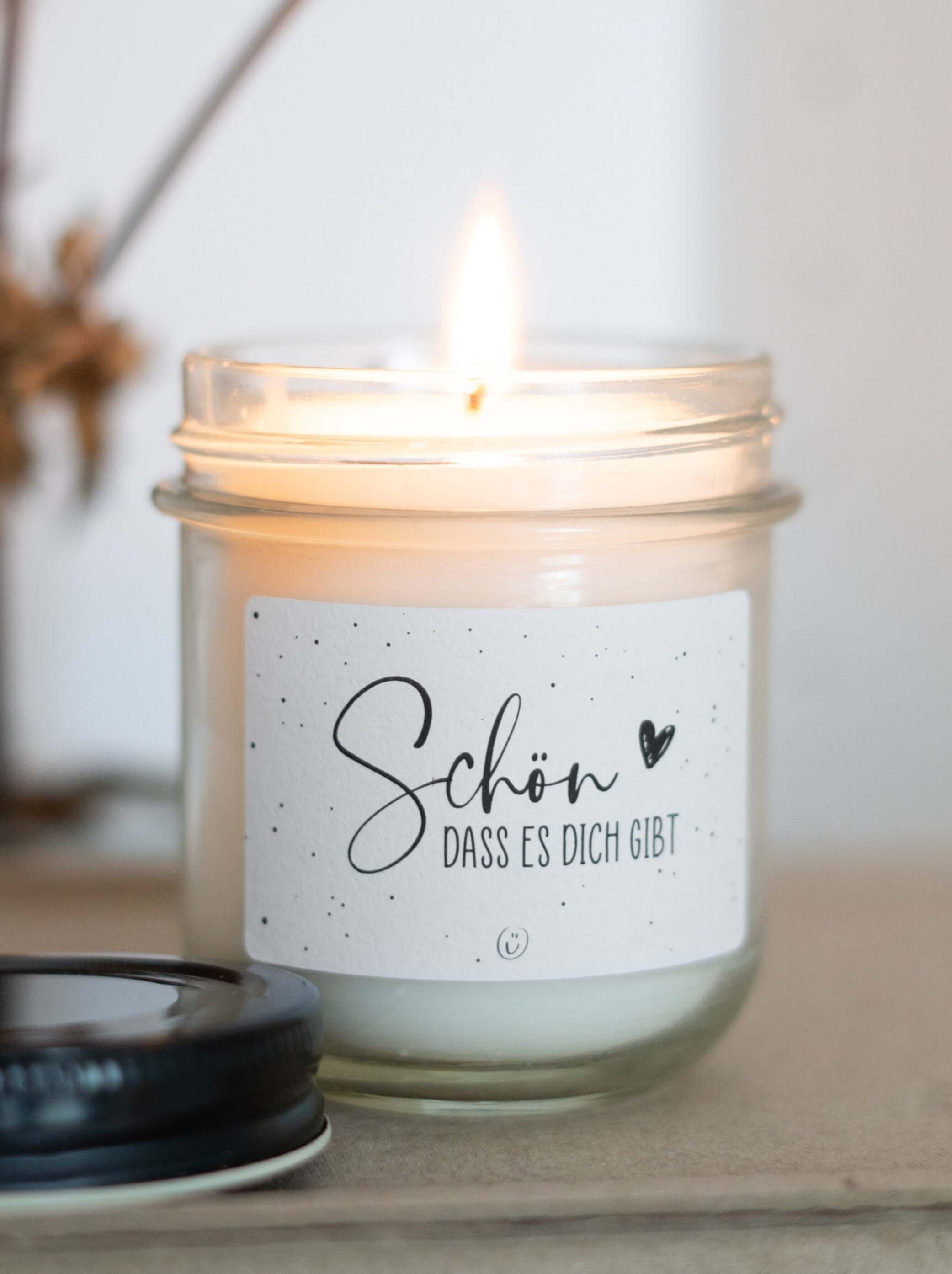 Kerze im Glas mit Spruch oder Motiv Schön, dass es Dich gibt in schwarz weiss