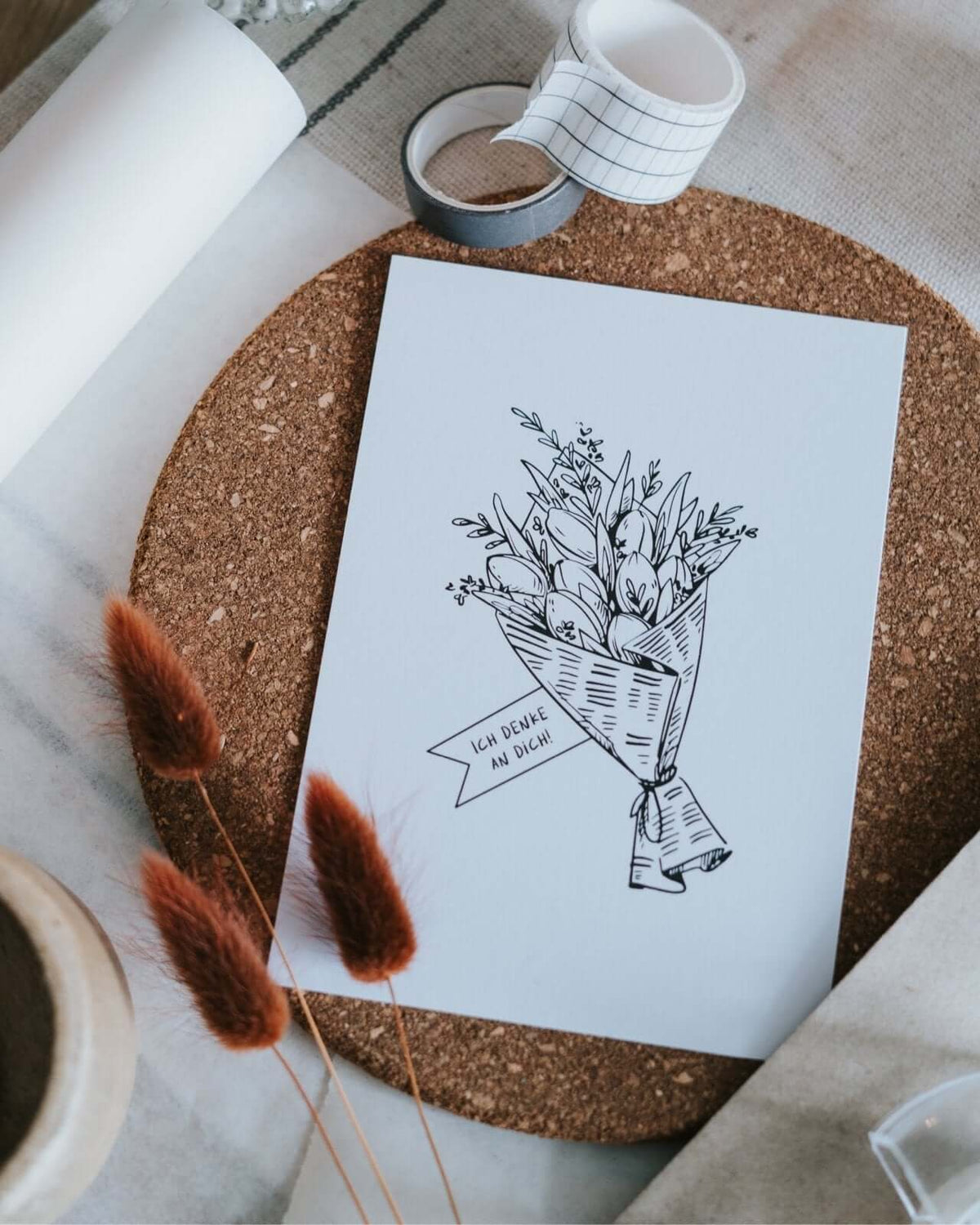 Postkarte mit Spruch und motiv Ich denke an dich in schwarz weiss