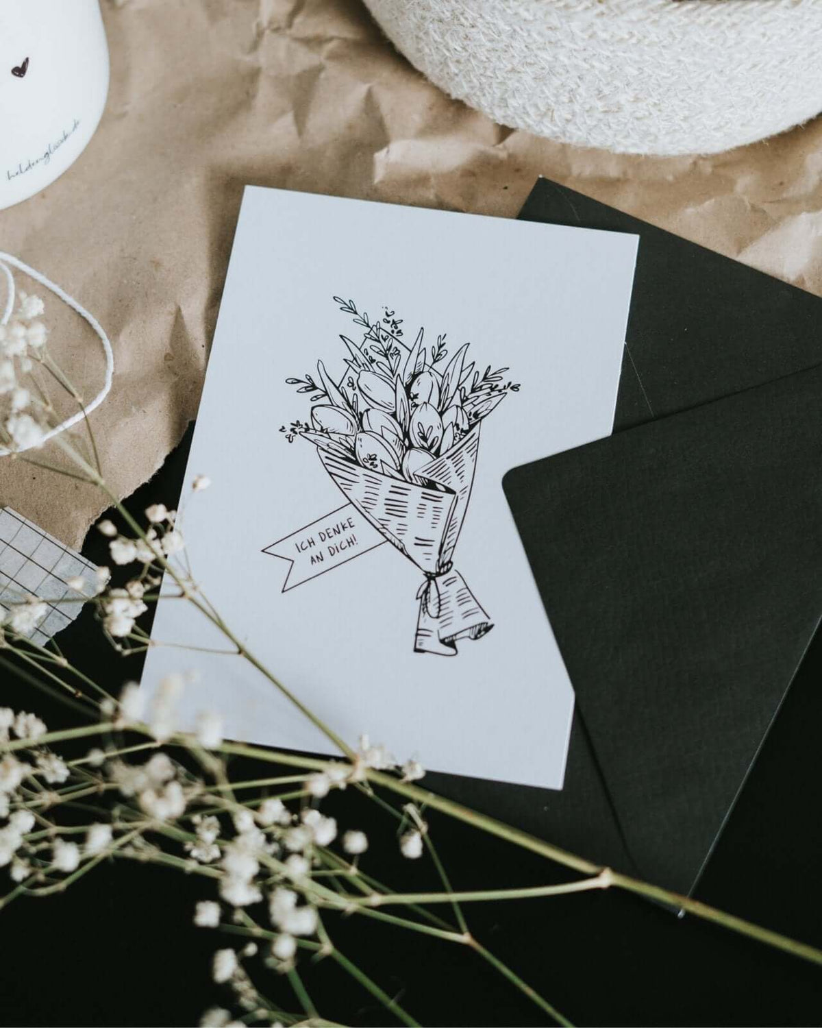 Postkarte mit Spruch und motiv Ich denke an dich in schwarz weiss