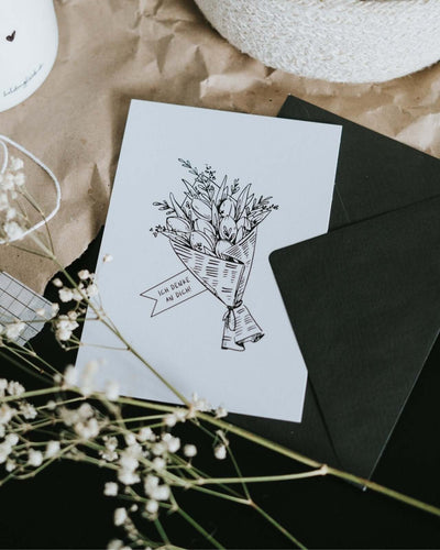 Postkarte mit Spruch und motiv Ich denke an dich in schwarz weiss