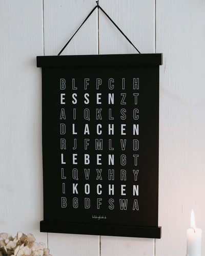 Poster mit Spruch oder Motiv Buchstabensalat in schwarz weiss