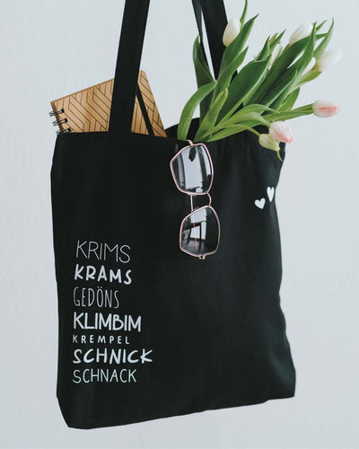 Baumwollbeutel mit Spruch oder Motiv Krims Krams in schwarz weiss